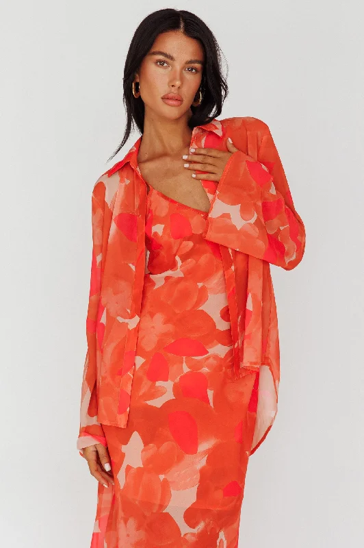 Mermaid - Style Women Dress with a Fitted Silhouette for Special OccasionsStasi Flared Cuff Long Sleeve Shirt Floral Orange Mermaid - Style Women Dress with a Fitted Silhouette for Special OccasionsStasi Flared Cuff Long Sleeve Shirt Floral Orange