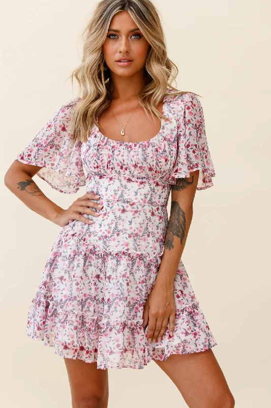 Lace - Embellished Women Dress for an Elegant and Sophisticated AppearanceStolen Moments Angel Sleeve Ruffle Dress Floral Print Pink Multi
