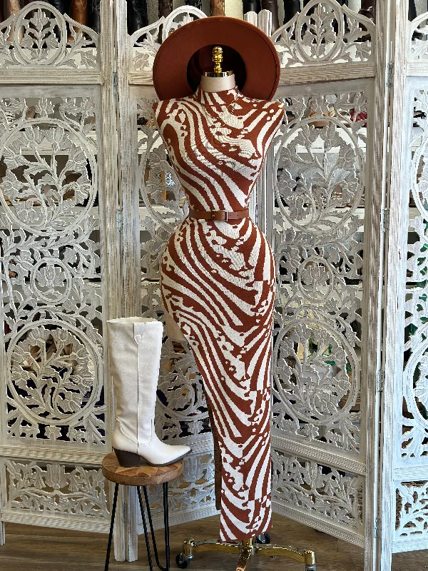 Empire Waist Women Dress to Accentuate the Bust and Conceal the WaistStriped Knit Oval Slit Dress- Stretchy, Estira
