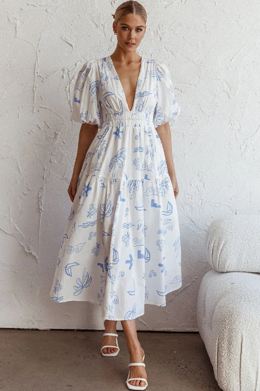Strapless Women Dress with a Built - in Bra for Comfort and SupportSummer Land V-Neckline Midi Dress Printed White Strapless Women Dress with a Built - in Bra for Comfort and SupportSummer Land V-Neckline Midi Dress Printed White
