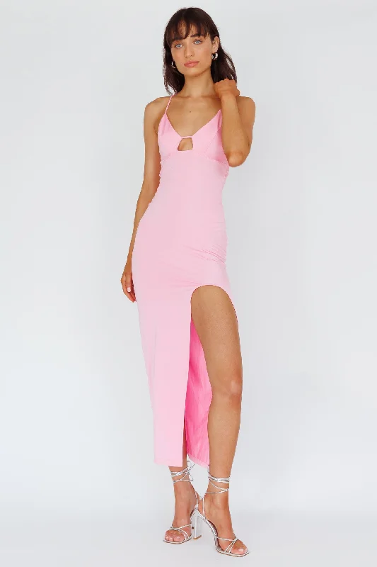 Halter Neck Women Dress to Show Off the Shoulders and NecklineSummer Rose Front Split Midi Dress Pink