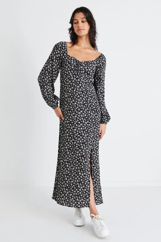 Off - the - Shoulder Women Dress for a Romantic and Feminine LookSweetheart Black Ditsy LS Midi Dress