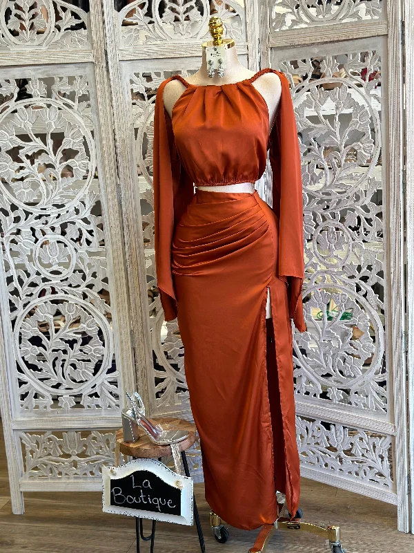 Strapless Women Dress with a Built - in Bra for Comfort and SupportTawny Satin Caped Gown- Not Stretchy, No Estira