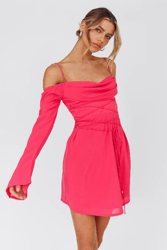 Ball Gown Women Dress with a Full Skirt for a Princess - like LookTeava Off-Shoulder Sleeve Laced Mini Dress Hot Pink