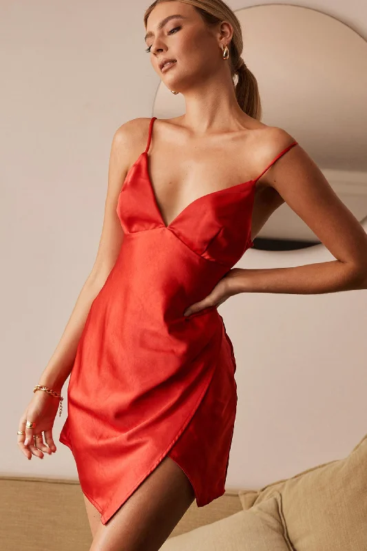 Pleated Women Dress with a Timeless and Elegant TextureThank Me Later Cami Strap Asymmetrical Hem Dress Red