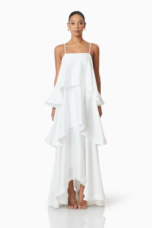 Ruffled Women Dress with Multiple Layers for a Playful and Girly StyleTilly Tiered Maxi Dress in White Ruffled Women Dress with Multiple Layers for a Playful and Girly StyleTilly Tiered Maxi Dress in White