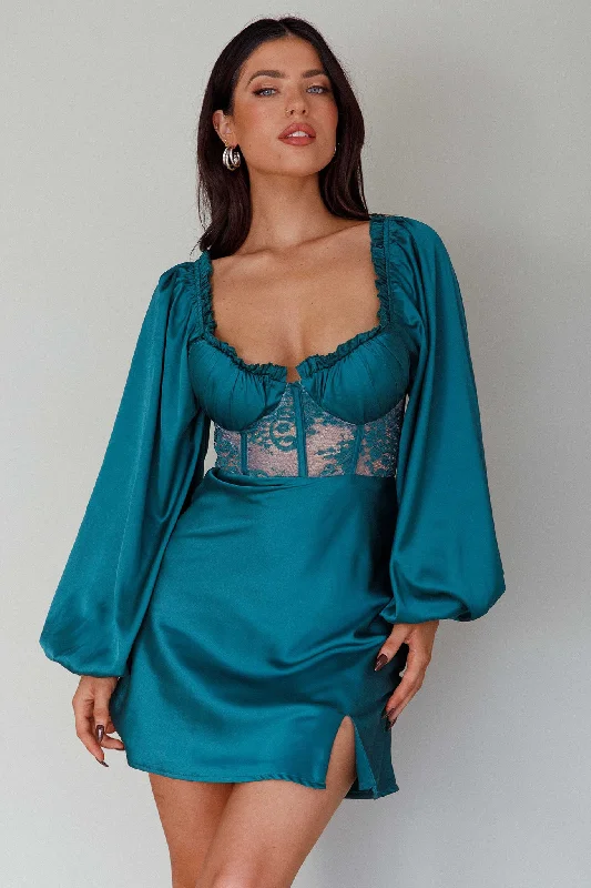 Plus Size Women Dress with a Flattering A - Line Cut for Comfort and StyleTrophy Long Sleeve Lace Bodice Mini Dress Forest Green