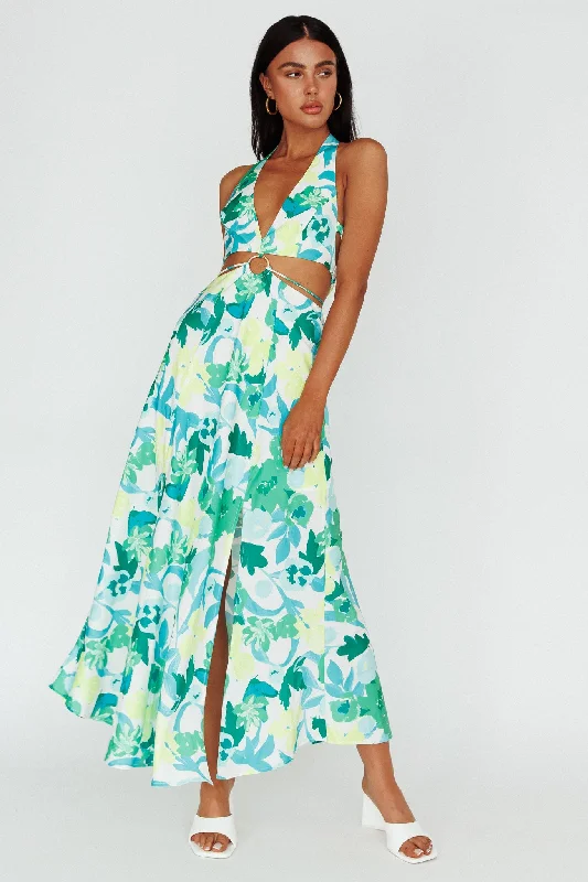 Plus Size Women Dress with a Flattering A - Line Cut for Comfort and StyleTuscan Summers Cut-Out Midi Dress Floral Green