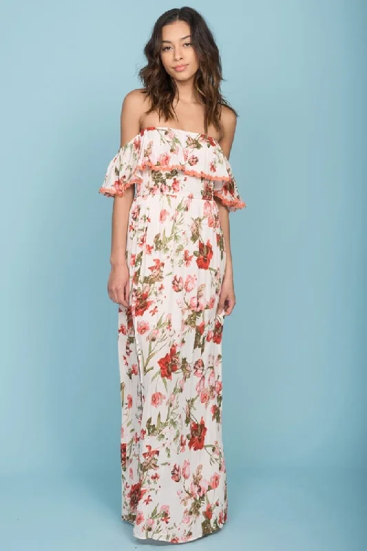 Maxi Women Dress with Floral Print for a Bohemian VibeTuscany Off The Shoulder Maxi Dress White & Red