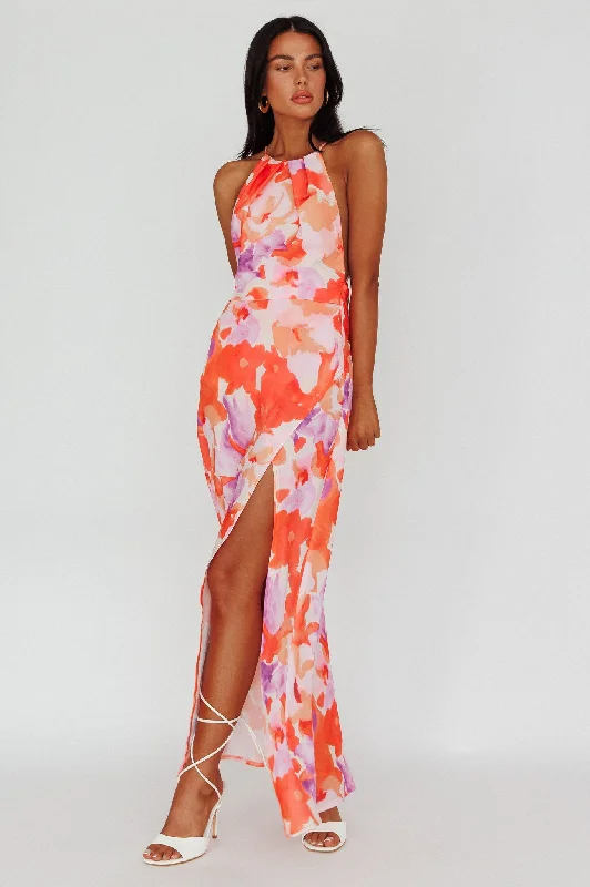 Off - the - Shoulder Women Dress for a Romantic and Feminine LookVal Cowl Back Maxi Dress Floral Orange Off - the - Shoulder Women Dress for a Romantic and Feminine LookVal Cowl Back Maxi Dress Floral Orange