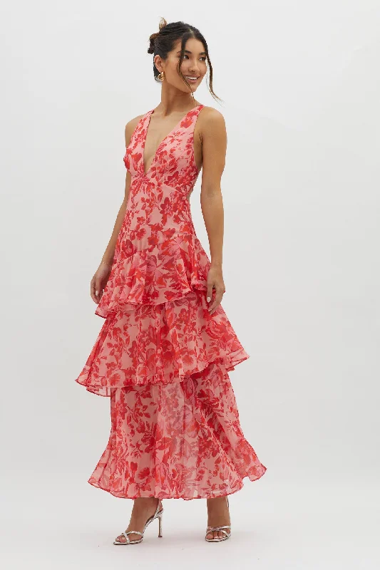 Wrap - Style Women Dress with Adjustable Fit for All Body TypesVeda Strappy Back Ruffle Midi Dress Floral Red Wrap - Style Women Dress with Adjustable Fit for All Body TypesVeda Strappy Back Ruffle Midi Dress Floral Red