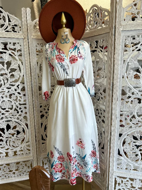 Sheath Women Dress with a Tailored Fit for a Professional LookWhite Flower Border Midi Dress- Not Stretchy Sheath Women Dress with a Tailored Fit for a Professional LookWhite Flower Border Midi Dress- Not Stretchy