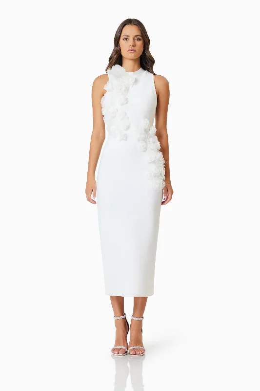 Empire Waist Women Dress to Accentuate the Bust and Conceal the WaistOMR x ELLIATT: Whitetail 3D Floral Midi Dress In White