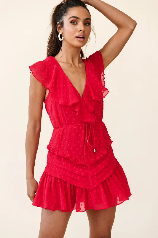 Wrap - Style Women Dress with Adjustable Fit for All Body TypesWillah Pintuck And Frill Detail Drawstring Dress Red Textured
