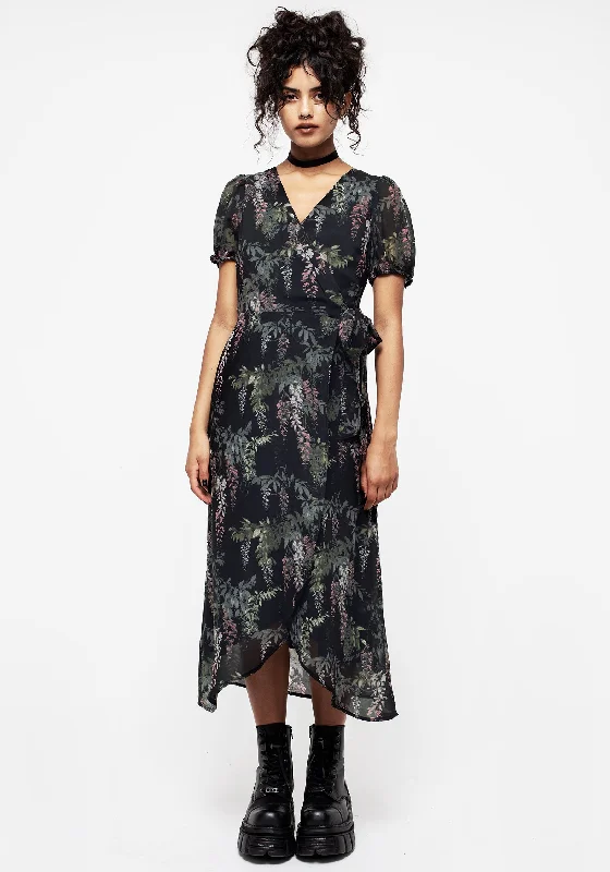 Pleated Women Dress with a Timeless and Elegant TextureWisteria Floral Print Chiffon Midi Wrap Dress