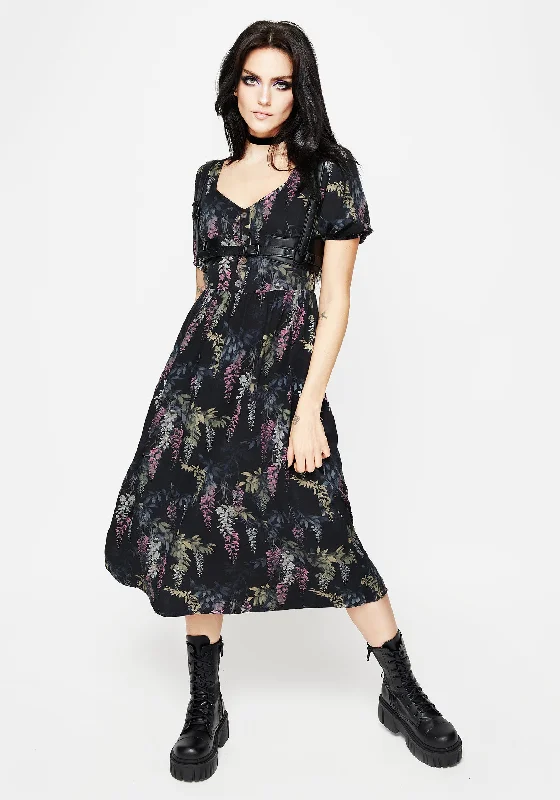 Mini Women Dress with a Short Hem for a Young and Trendy StyleWisteria Floral Print Puff Sleeve Midi Dress