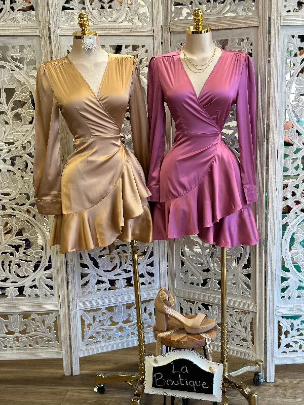Empire Waist Women Dress to Accentuate the Bust and Conceal the WaistWrapped Ruffled Mini Satin Dress- Stretchy,Estira