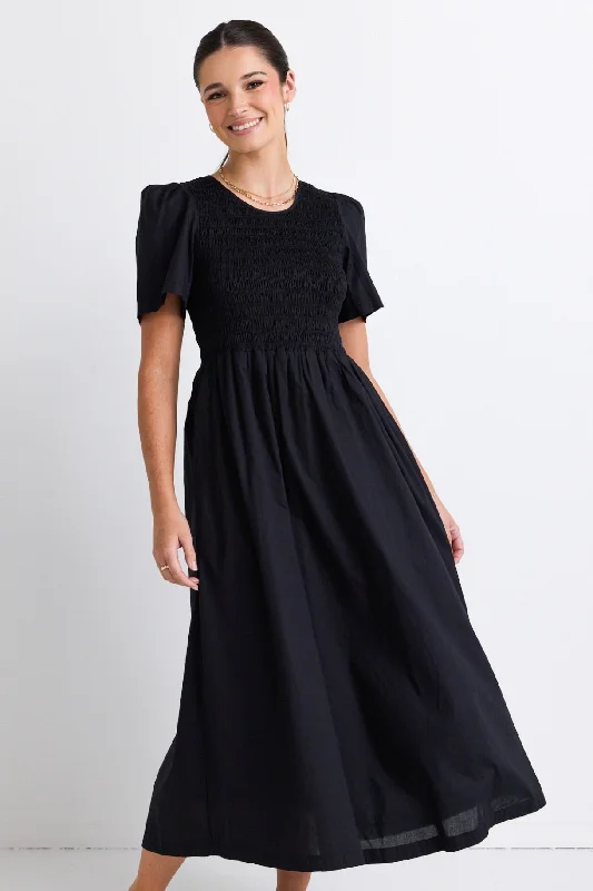 Sheath Women Dress with a Tailored Fit for a Professional LookWren Black Poplin SS Shirred Bodice Midi Dress Sheath Women Dress with a Tailored Fit for a Professional LookWren Black Poplin SS Shirred Bodice Midi Dress