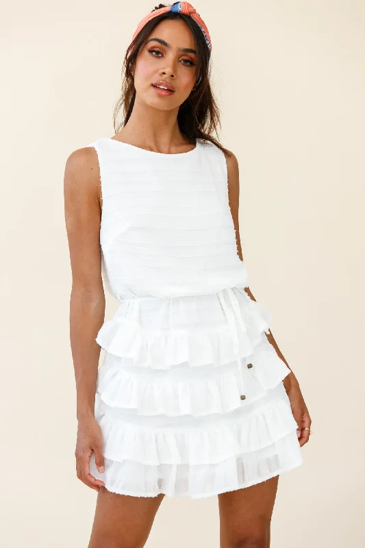 Backless Women Dress for a Sexy and Alluring Look at Evening EventsZayah Sleeveless Layered Frill Dress White Backless Women Dress for a Sexy and Alluring Look at Evening EventsZayah Sleeveless Layered Frill Dress White