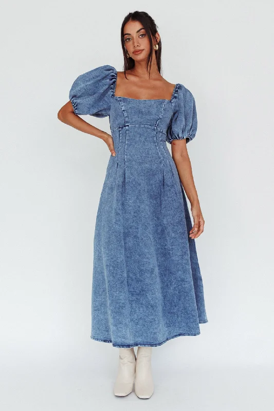 Ruffled Women Dress with Multiple Layers for a Playful and Girly StyleZurich Puff Sleeve Midi Dress Blue