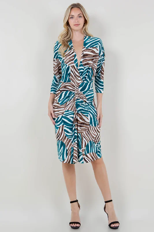 Plus Size Women Dress with a Flattering A - Line Cut for Comfort and Style Plus Size Women Dress with a Flattering A - Line Cut for Comfort and Style 3/4 SLV WRAP V NK RUCHED FITTED DRESS - D3542-0651-4