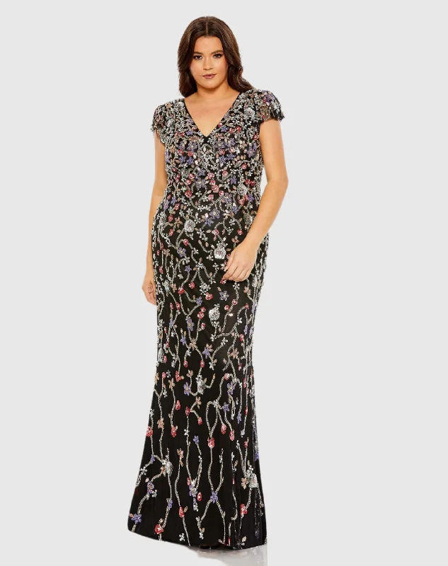 Halter Neck Women Dress to Show Off the Shoulders and Neckline Halter Neck Women Dress to Show Off the Shoulders and Neckline Embellished Flutter Cap Sleeve V Neck Gown