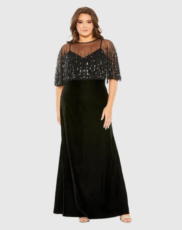 Strapless Women Dress with a Built - in Bra for Comfort and Support Strapless Women Dress with a Built - in Bra for Comfort and Support Sleeveless Velvet Gown With Embellished Cape