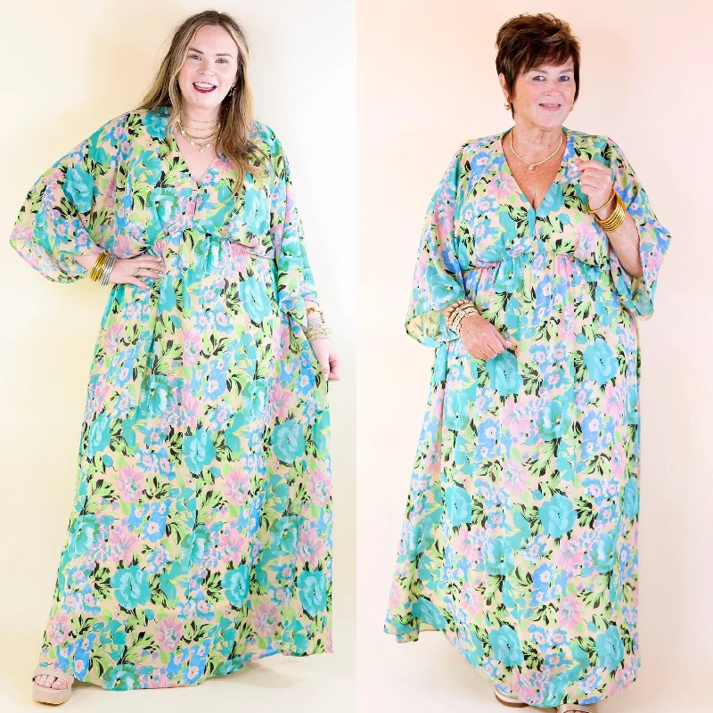 Plus Size Women Dress with a Flattering A - Line Cut for Comfort and Style Plus Size Women Dress with a Flattering A - Line Cut for Comfort and Style Beautifully Botanical V Neck Floral Print Maxi Dress in Blue and Green Mix
