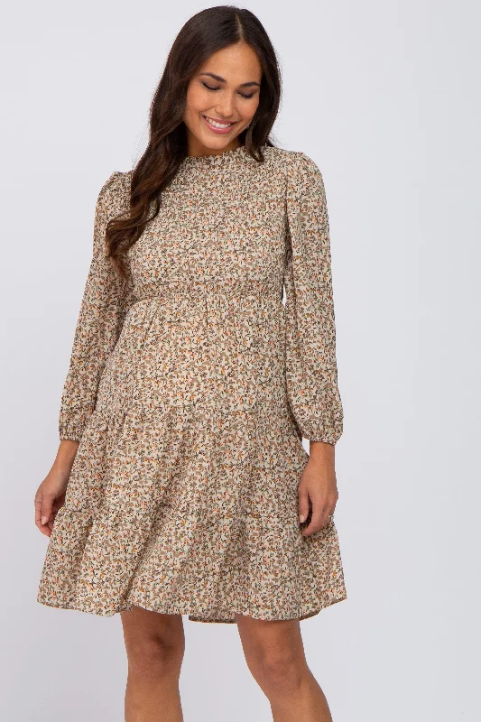 Halter Neck Women Dress to Show Off the Shoulders and Neckline Halter Neck Women Dress to Show Off the Shoulders and Neckline Beige Floral Shirred Mock Neck Maternity Dress
