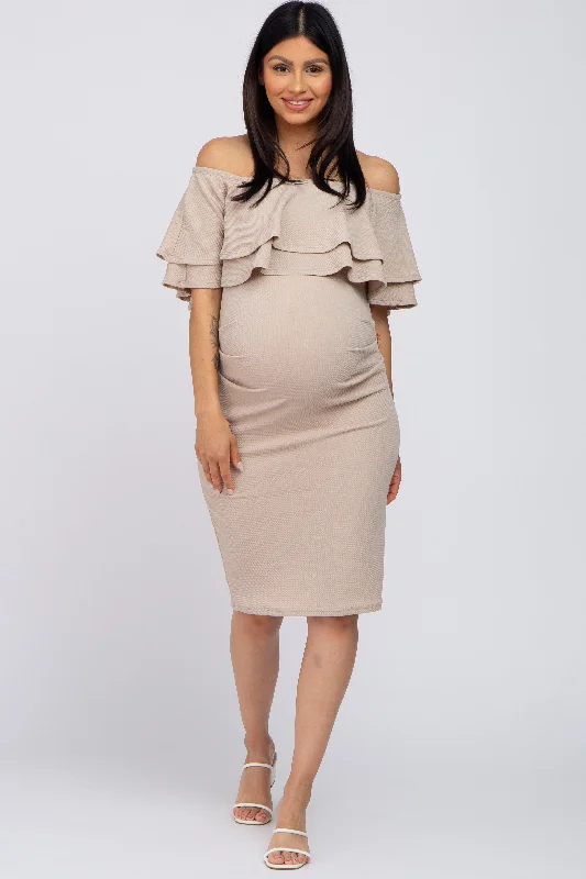 Ruffled Women Dress with Multiple Layers for a Playful and Girly Style Ruffled Women Dress with Multiple Layers for a Playful and Girly Style Beige Ruffle Off Shoulder Ruched Maternity Dress