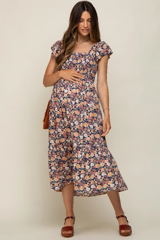 Maxi Women Dress with Floral Print for a Bohemian Vibe Maxi Women Dress with Floral Print for a Bohemian Vibe Black Floral Off Shoulder Smocked Maternity Midi Dress