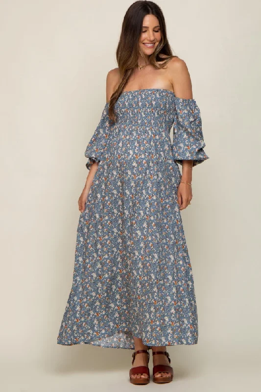 Printed Abstract Women Dress for a Modern and Artistic Appeal Printed Abstract Women Dress for a Modern and Artistic Appeal Blue Floral Square Neck Smocked Long Sleeve Maternity Maxi Dress