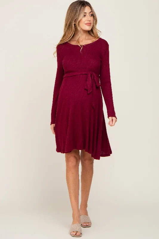Lace - Embellished Women Dress for an Elegant and Sophisticated Appearance Lace - Embellished Women Dress for an Elegant and Sophisticated Appearance Burgundy Soft Rib Knit Sash Tie Maternity Dress