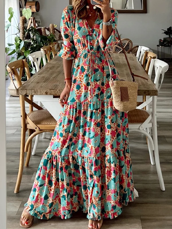 Ball Gown Women Dress with a Full Skirt for a Princess - like Look Ball Gown Women Dress with a Full Skirt for a Princess - like Look Button Up Ruffle Hem Tiered Maxi Dress