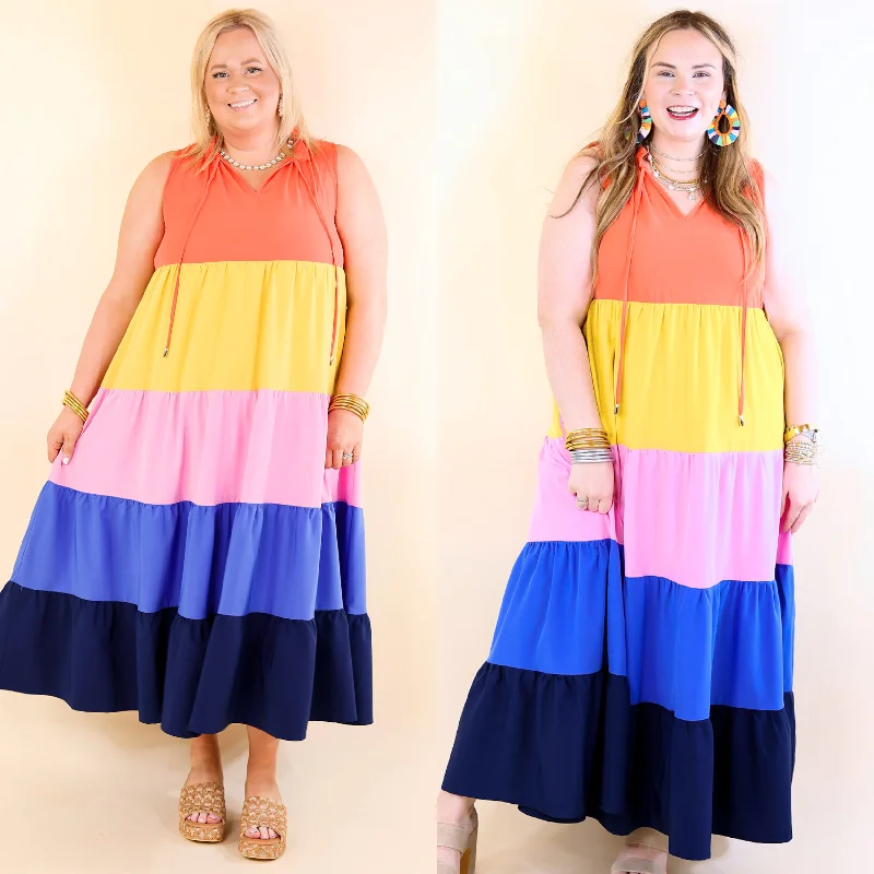 Empire Waist Women Dress to Accentuate the Bust and Conceal the Waist Empire Waist Women Dress to Accentuate the Bust and Conceal the Waist Calm Waters High Neck Tiered Maxi Dress in Coral Orange Mix