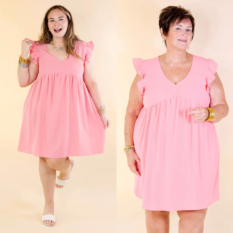 Strapless Women Dress with a Built - in Bra for Comfort and Support Strapless Women Dress with a Built - in Bra for Comfort and Support Capture Your Attention V Neck Dress with Ruffle Cap Sleeves in Bubblegum Pink