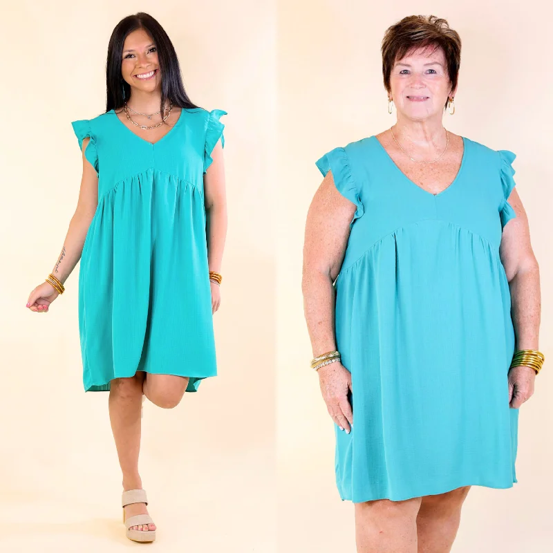 Ruffled Women Dress with Multiple Layers for a Playful and Girly Style Ruffled Women Dress with Multiple Layers for a Playful and Girly Style Capture Your Attention V Neck Dress with Ruffle Cap Sleeves in Turquoise