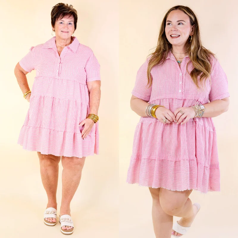 Ruffled Women Dress with Multiple Layers for a Playful and Girly Style Ruffled Women Dress with Multiple Layers for a Playful and Girly Style Casual Greetings Collared Pinstripe Dress in Pink and White