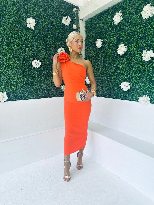 Pleated Women Dress with a Timeless and Elegant Texture Pleated Women Dress with a Timeless and Elegant Texture Chelsea Shoulder Occasion Midi Dress Orange