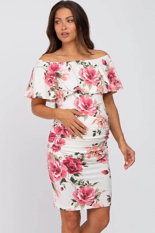 Mermaid - Style Women Dress with a Fitted Silhouette for Special Occasions Mermaid - Style Women Dress with a Fitted Silhouette for Special Occasions Cream Floral Off Shoulder Maternity Fitted Dress
