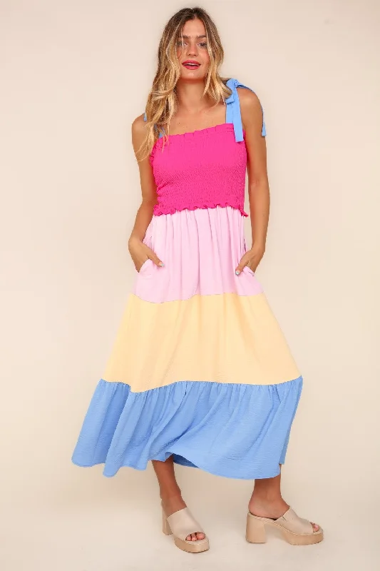 Sleeveless Women Dress in Bright Colors for Summer Parties Sleeveless Women Dress in Bright Colors for Summer Parties Haptics Smocked Color Block Tiered Cami Dress