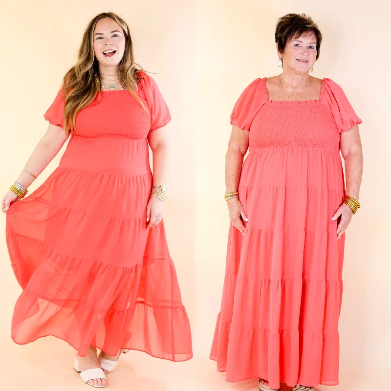 Ball Gown Women Dress with a Full Skirt for a Princess - like Look Ball Gown Women Dress with a Full Skirt for a Princess - like Look Honeysuckle Love Tiered Maxi Dress with Smocked Bodice in Coral Red