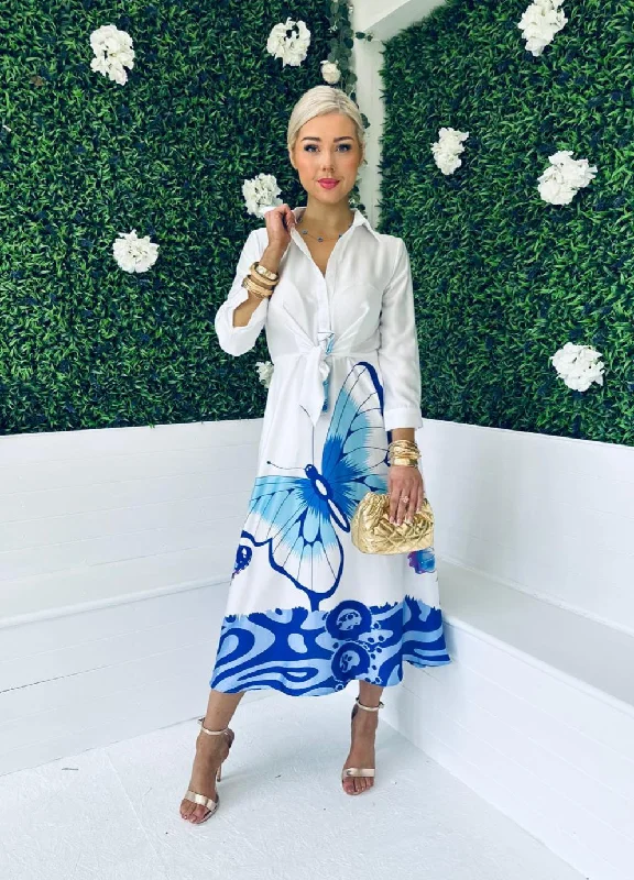 Pleated Women Dress with a Timeless and Elegant Texture Pleated Women Dress with a Timeless and Elegant Texture Isabella Tie Front Shirt Dress Butterfly Blue