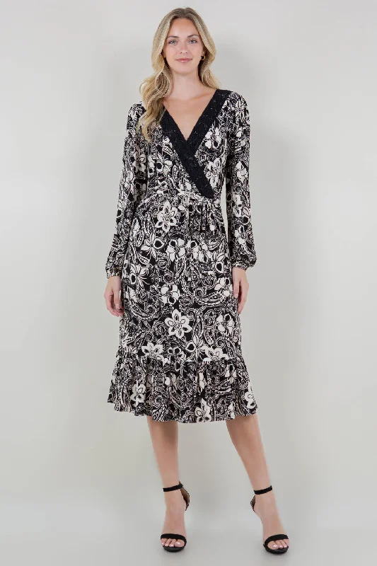 Plus Size Women Dress with a Flattering A - Line Cut for Comfort and Style Plus Size Women Dress with a Flattering A - Line Cut for Comfort and Style LG SLV WRAP LACE V NK TIE WST DRESS - D3544-0739-6E