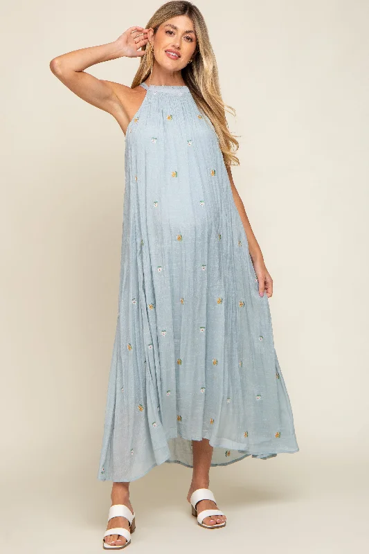 Empire Waist Women Dress to Accentuate the Bust and Conceal the Waist Empire Waist Women Dress to Accentuate the Bust and Conceal the Waist Light Blue Floral Embroidered Smocked Halter Maternity Midi Dress