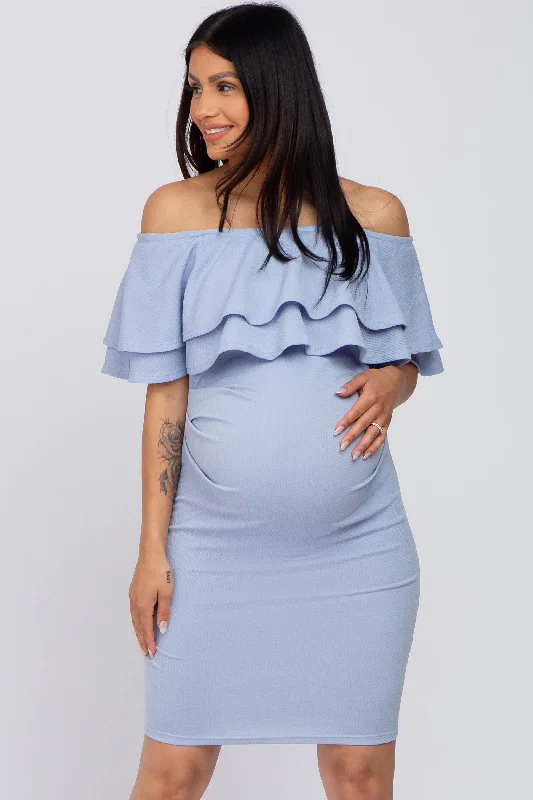 Wrap - Style Women Dress with Adjustable Fit for All Body Types Wrap - Style Women Dress with Adjustable Fit for All Body Types Light Blue Ruffle Off Shoulder Ruched Maternity Dress