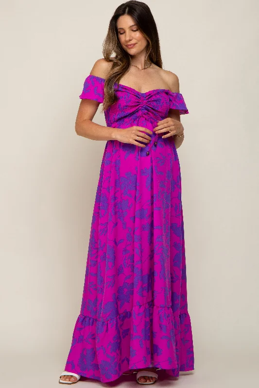 Strapless Women Dress with a Built - in Bra for Comfort and Support Strapless Women Dress with a Built - in Bra for Comfort and Support Magenta Floral Smocked Cinched Top Maternity Maxi Dress