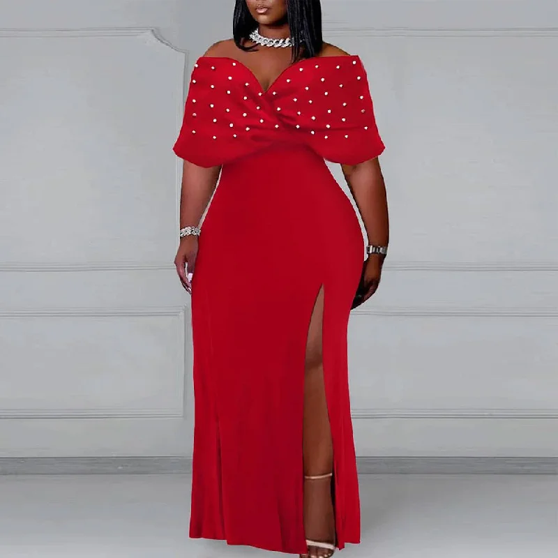Ball Gown Women Dress with a Full Skirt for a Princess - like Look Ball Gown Women Dress with a Full Skirt for a Princess - like Look MALYBGG Pearl Embellished Sleeveless Off-Shoulder Dress 3102LY