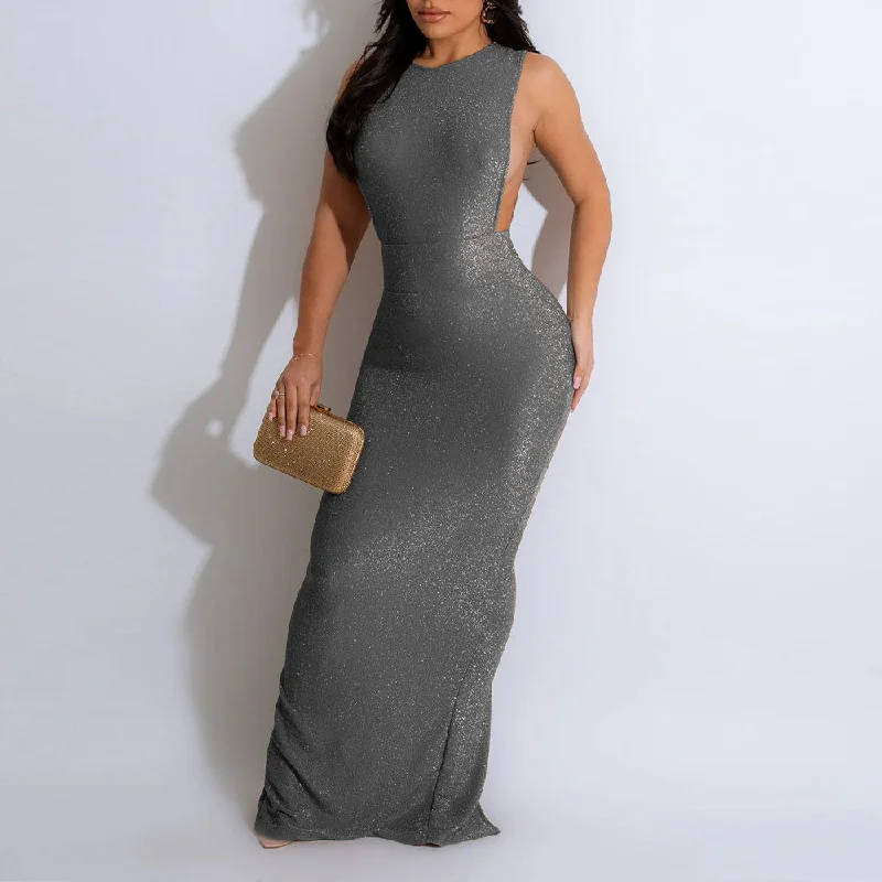 Lace - Embellished Women Dress for an Elegant and Sophisticated Appearance Lace - Embellished Women Dress for an Elegant and Sophisticated Appearance MALYBGG Round Neck Sleeveless High-Slit Maxi Dress 6791LY