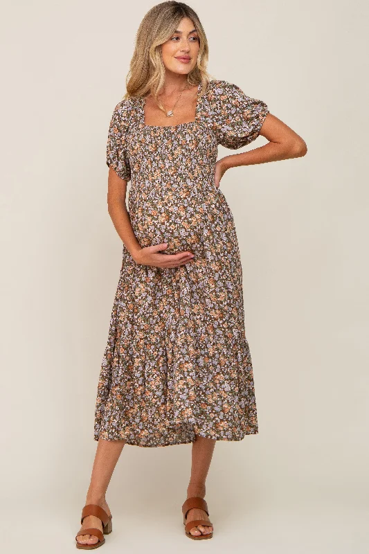 Strapless Women Dress with a Built - in Bra for Comfort and Support Strapless Women Dress with a Built - in Bra for Comfort and Support Mocha Floral Smocked Puff Sleeve Maternity Midi Dress
